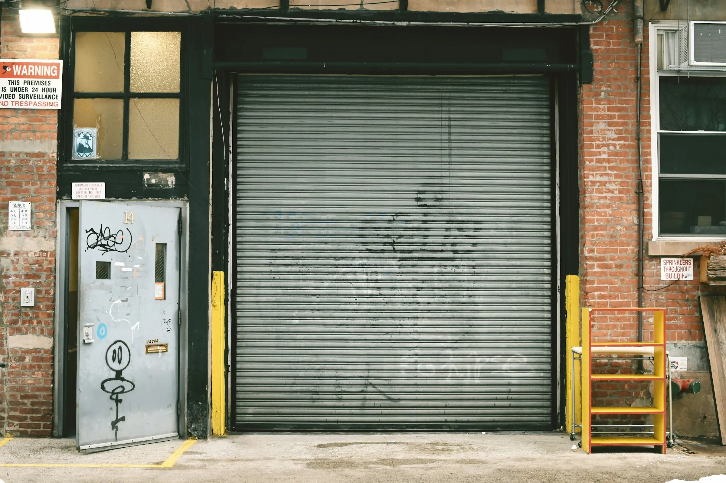 Closed black commercial roll-up door on a warehouse building